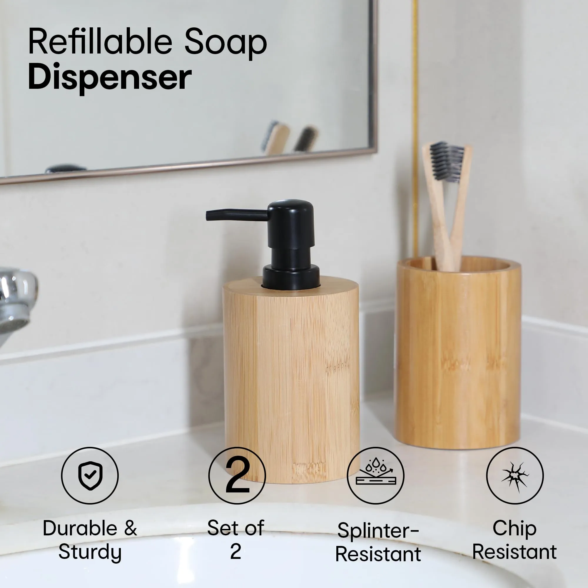 Anko Round Bamboo Soap Dispenser & Tumbler Set- 1 Pc Each | Elegant and Functional Bathroom Accessory | Natural Look| Easy to Clean| Aesthetic Bayhroom Decor 250ml Capacity