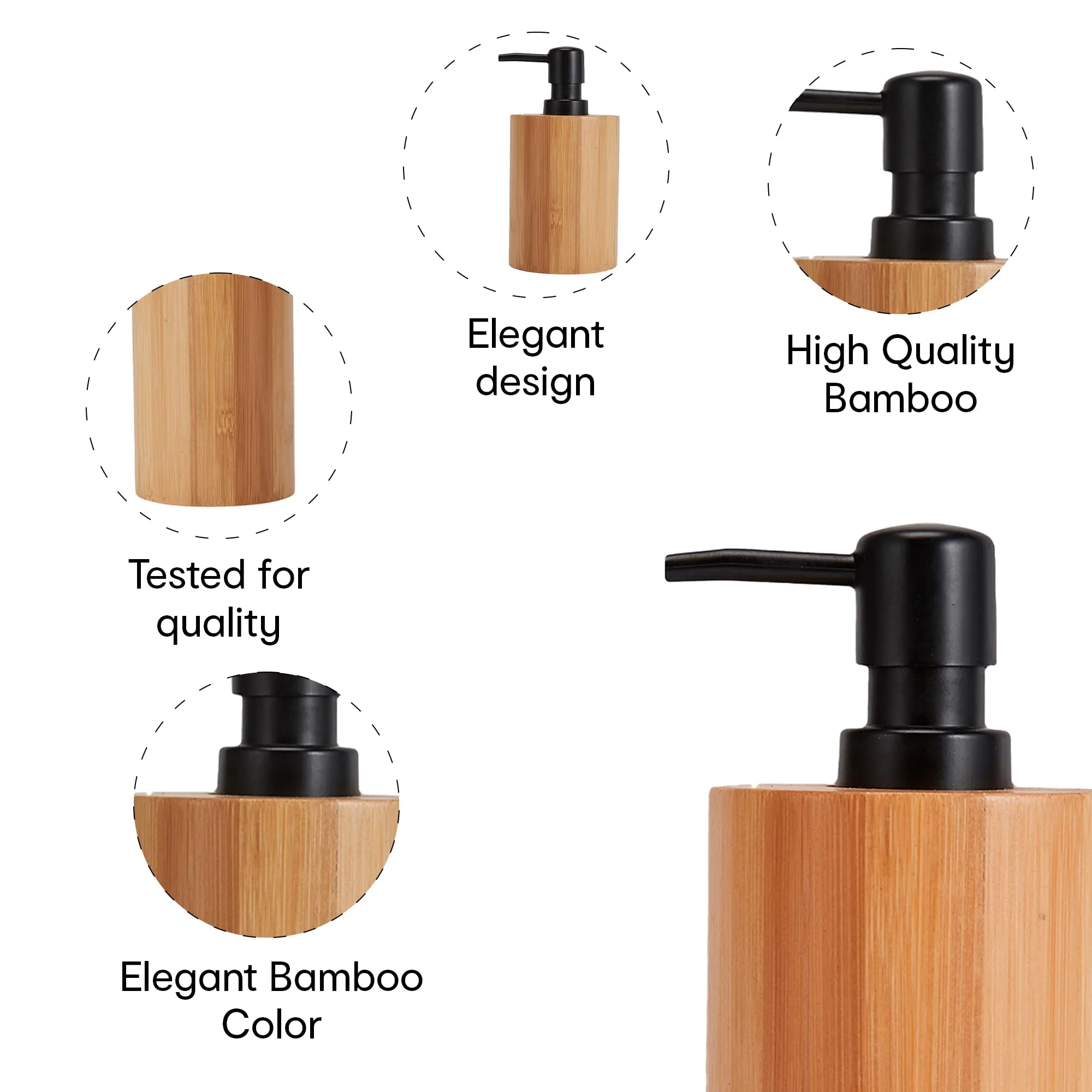 Anko Round Bamboo Soap Dispenser & Tumbler Set- 1 Pc Each | Elegant and Functional Bathroom Accessory | Natural Look| Easy to Clean| Aesthetic Bayhroom Decor 250ml Capacity