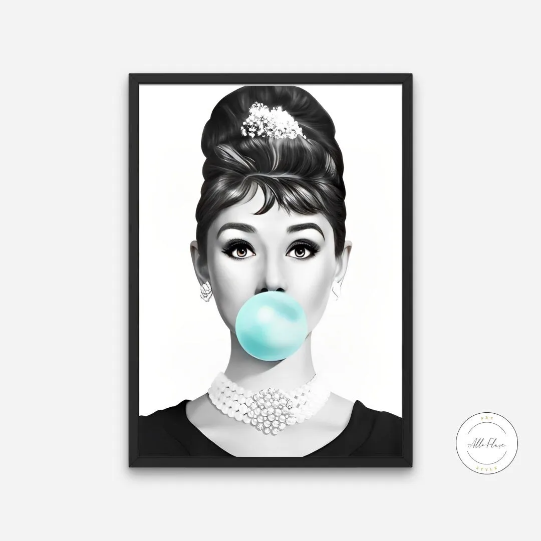 Audrey Hepburn Bubble Gum Print INSTANT DOWNLOAD Art Print, Fashion Posters, Black And White Prints, Famous Woman Canvas Print, Pop Art, Glam Decor