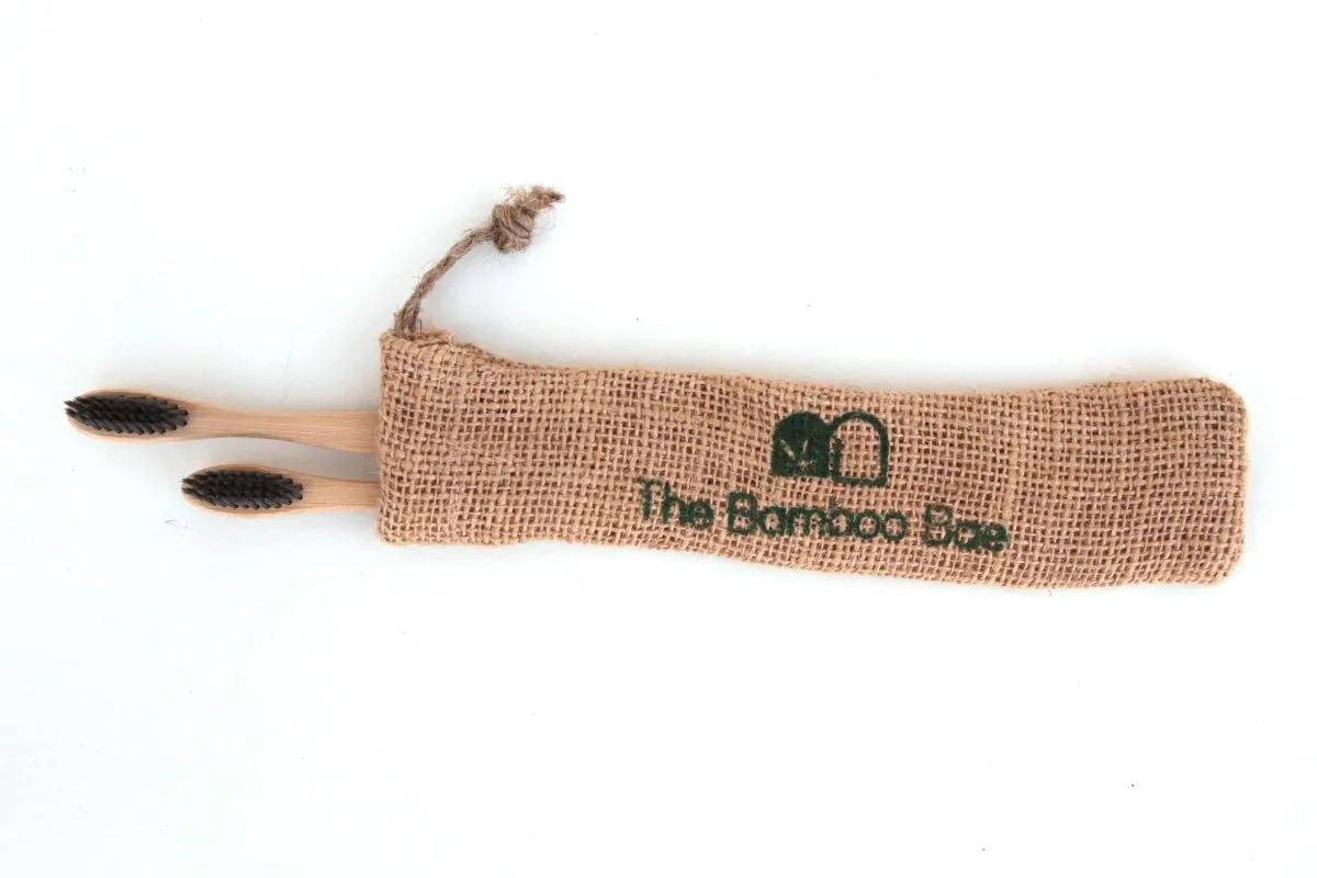 Bamboo Toothbrush | Charcoal Bristles | With Reusable Jute Pouch