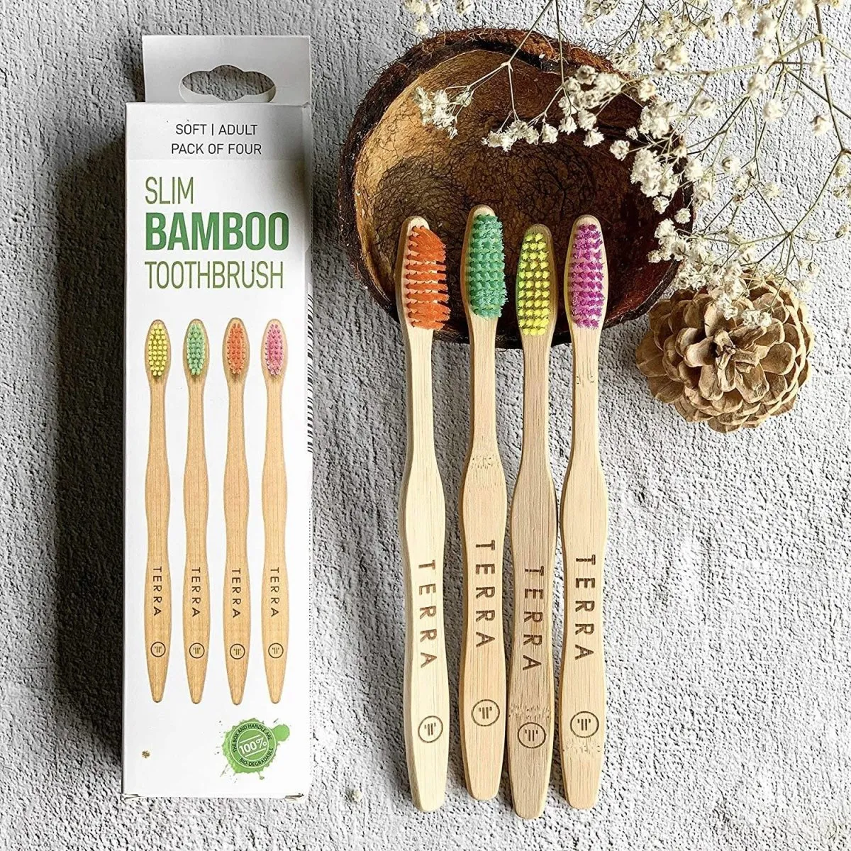 Bamboo Toothbrushes Pack of 4 Soft Bristles Multicolor Adult