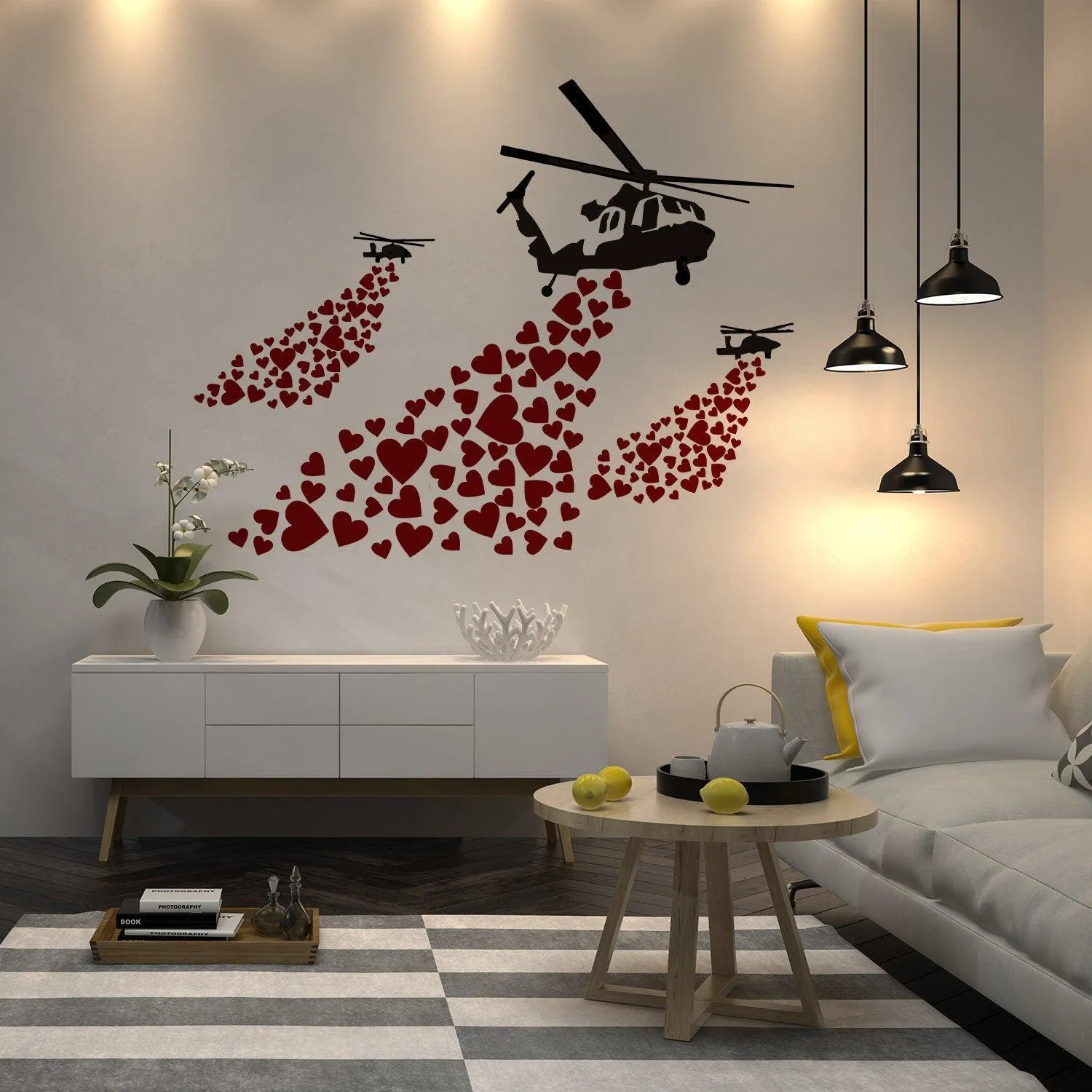 Banksy Vinyl Wall Decal Helicopter with Hearts - Street Art Graffiti Helicopters Decor Sticker