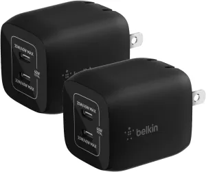 Belkin 45W Dual USB-C Wall Charger, Fast Charging Power Delivery 3.0 W/ Gan Technology for Iphone 16, 16 Pro, 16 Pro Max, 15, 14, Mini, Ipad Pro 12.9, Macbook, Galaxy S24, & More - Black (2-Pack)