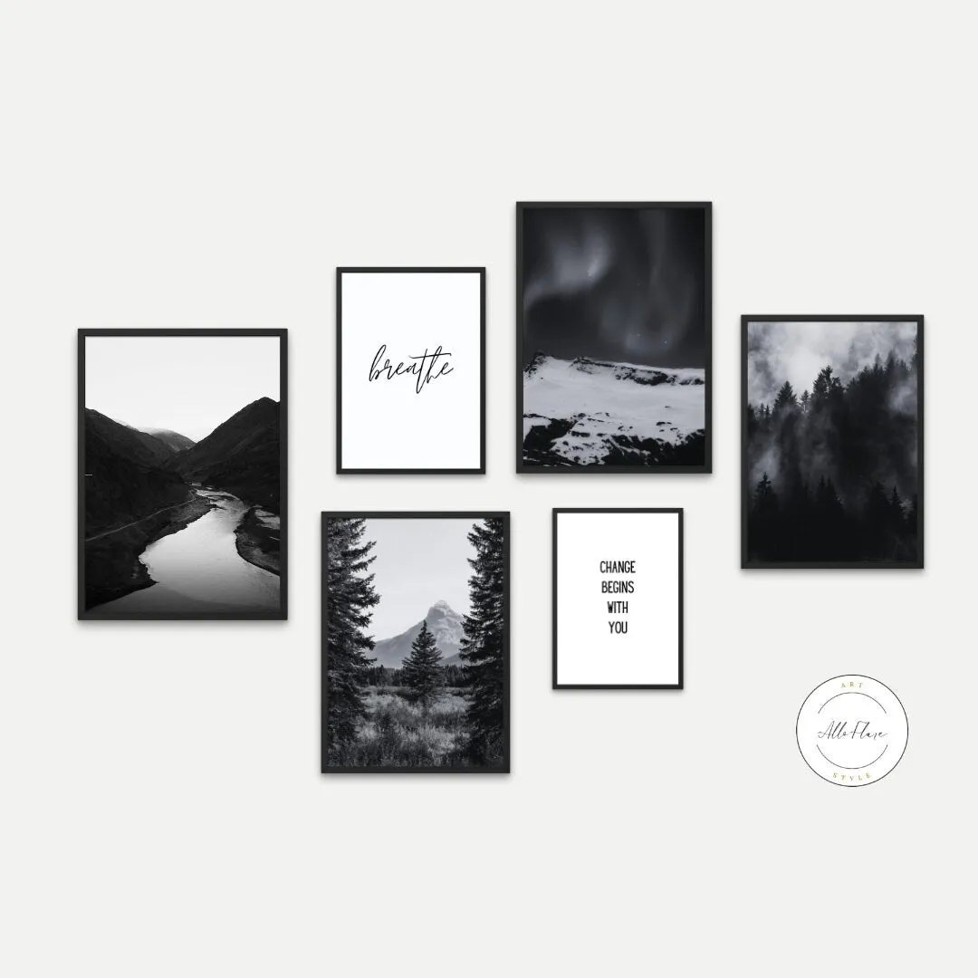 Black And White Smoky Mountain Print Set Of 6 PRINTABLE WALL ART, Black And White Inspirational Wall Art Botanical Minimalistic, Country Décor