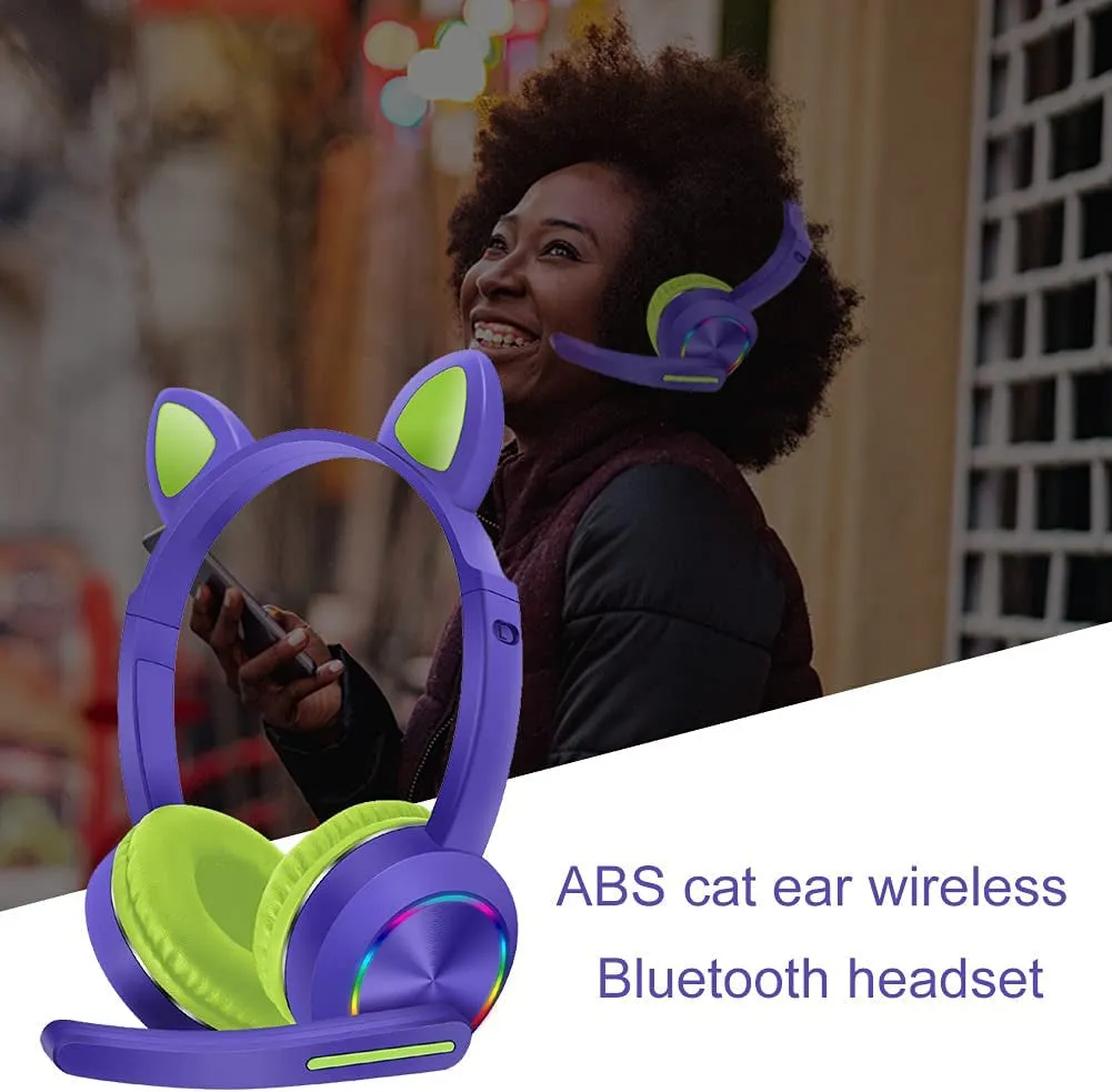 Bluetooth Headphones, Over-Ear Wireless Headphones, Cat Ear Headphones with LED Light, Built-In Microphone Cute Comfortable Gift for Computer(Purple)