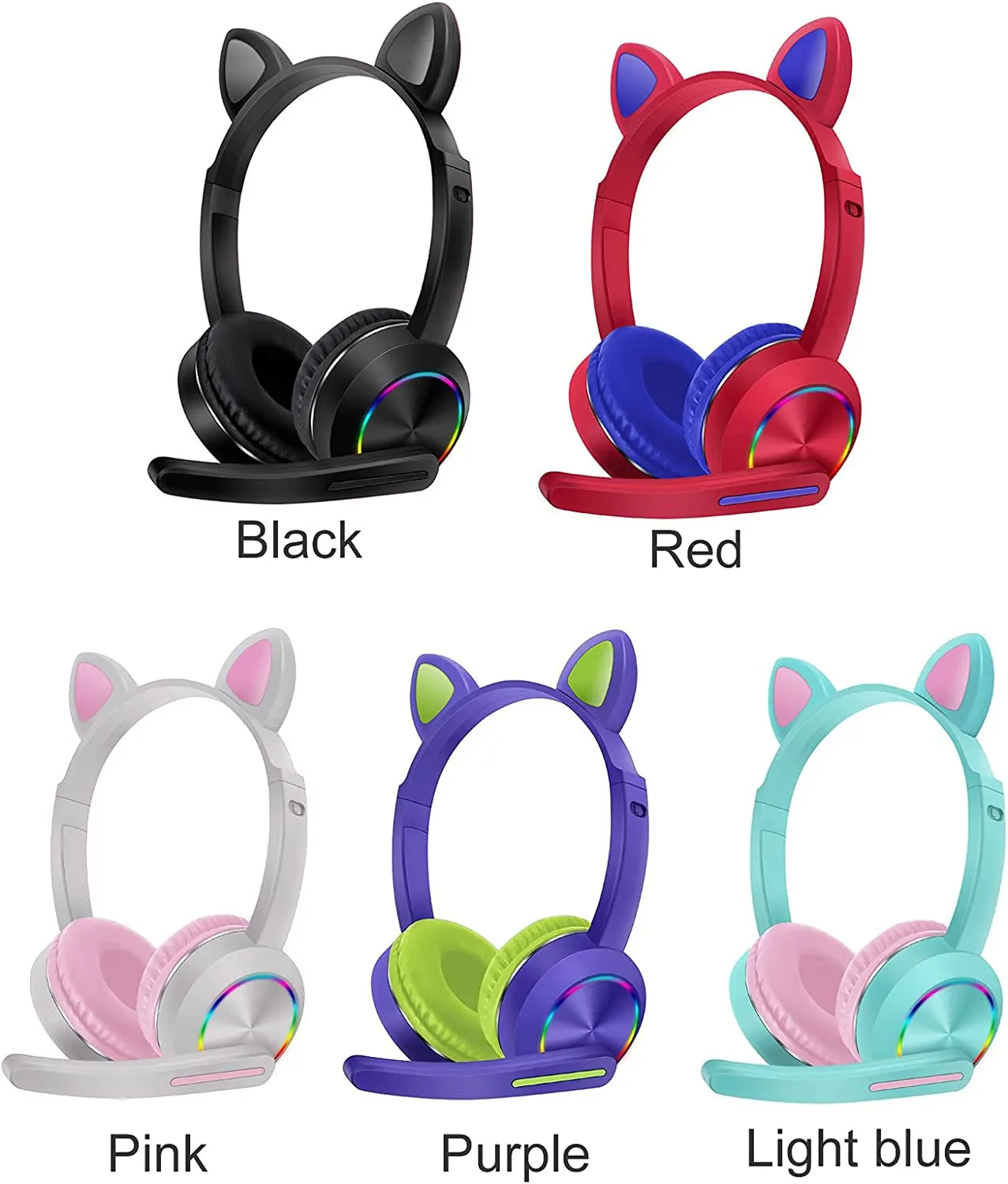 Bluetooth Headphones, Over-Ear Wireless Headphones, Cat Ear Headphones with LED Light, Built-In Microphone Cute Comfortable Gift for Computer(Purple)