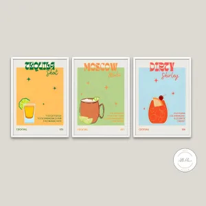 Colorful Cocktail Prints With Recipes Set Of 3 INSTANT DOWNLOAD Art Prints, Tequila Dirty Shirley Moscow Mule, Preppy Room Decor, Trendy Wall Art Retro