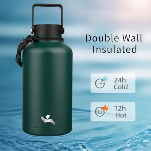 Half Gallon Insulated Water Bottle with Straw,64oz 3 Lids Water Jug with Carrying Bag,Paracord Handle,Double Wall Vacuum Stainless Steel Metal Flask,Dark Green