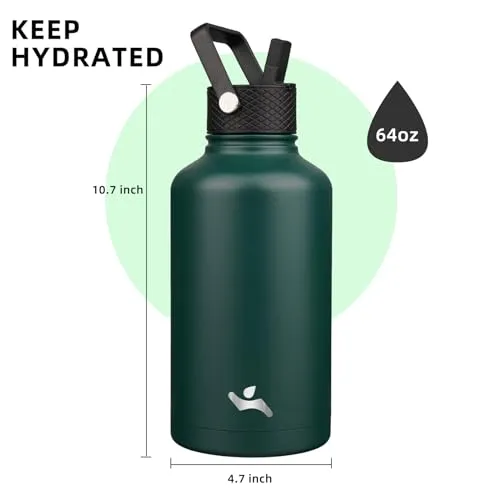 Half Gallon Insulated Water Bottle with Straw,64oz 3 Lids Water Jug with Carrying Bag,Paracord Handle,Double Wall Vacuum Stainless Steel Metal Flask,Dark Green