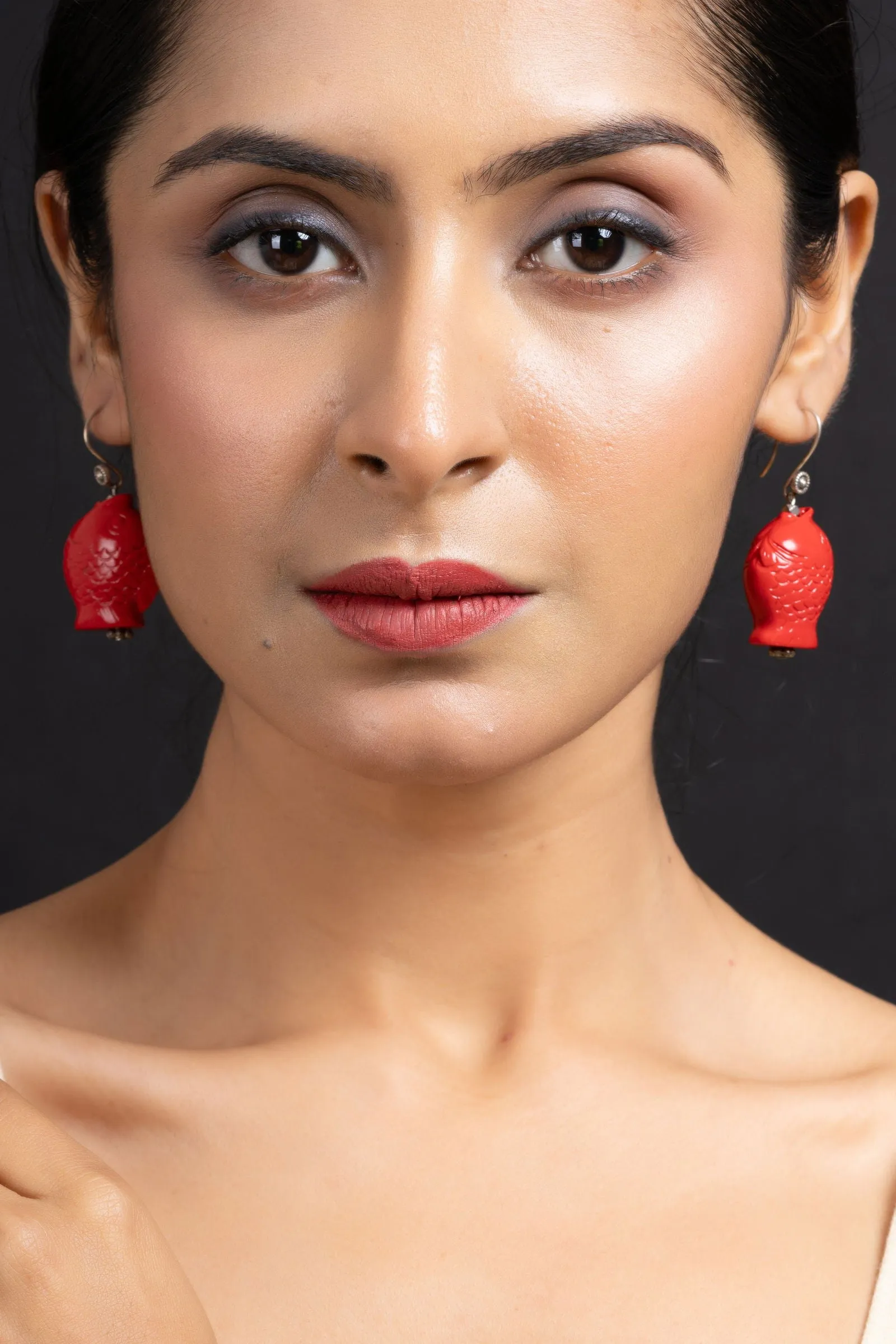 Handcrafted Designer Red Cinnabar Fish Earrings - Lightweight, Unique Design for Everyday Elegance