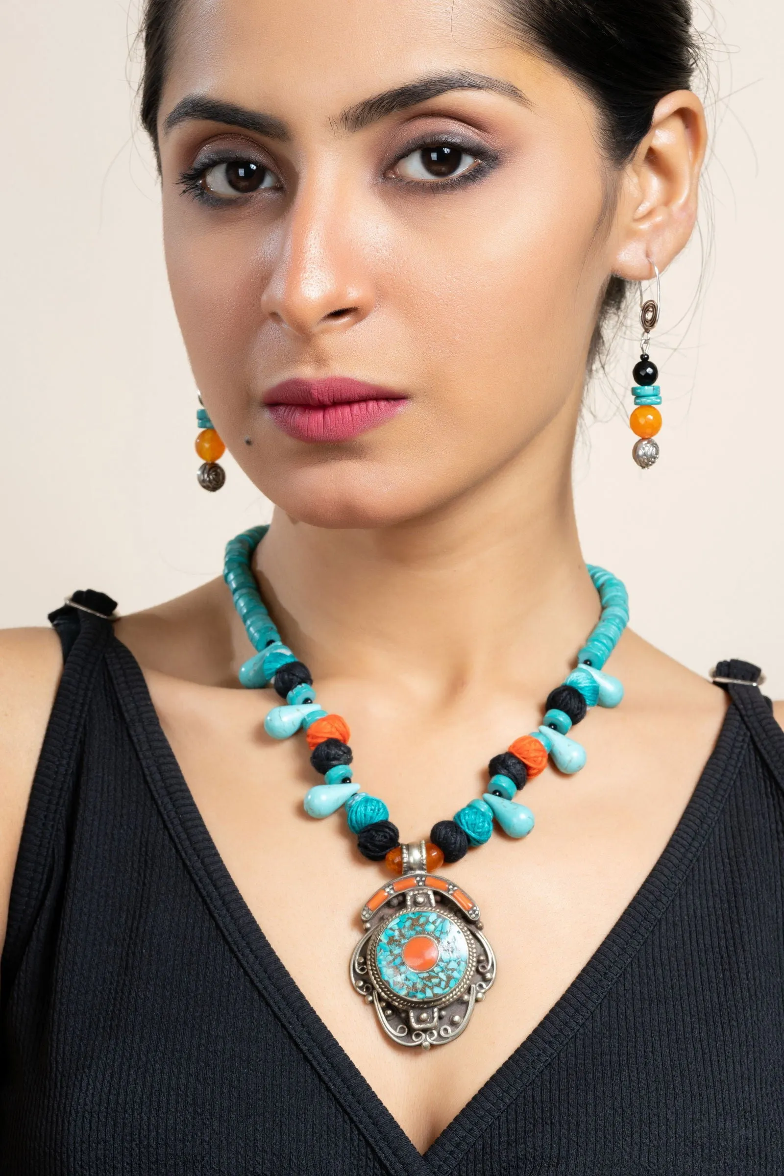 Handmade Turquoise Drop Blue Orange Tibetan Necklace with Matching Earrings Jewelry Set