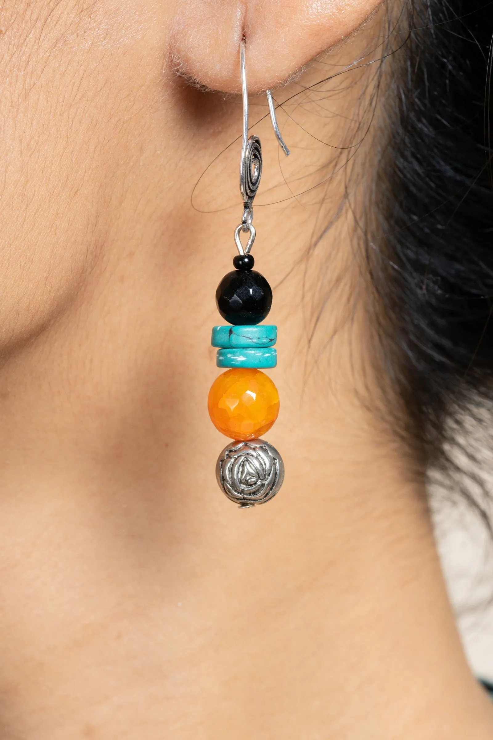 Handmade Turquoise Drop Blue Orange Tibetan Necklace with Matching Earrings Jewelry Set