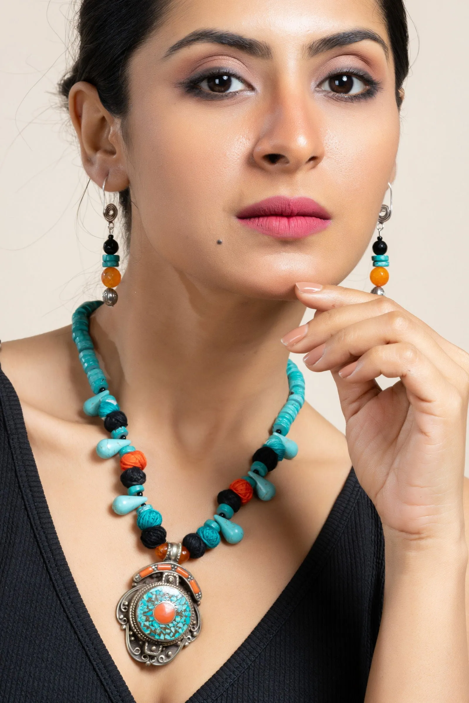 Handmade Turquoise Drop Blue Orange Tibetan Necklace with Matching Earrings Jewelry Set