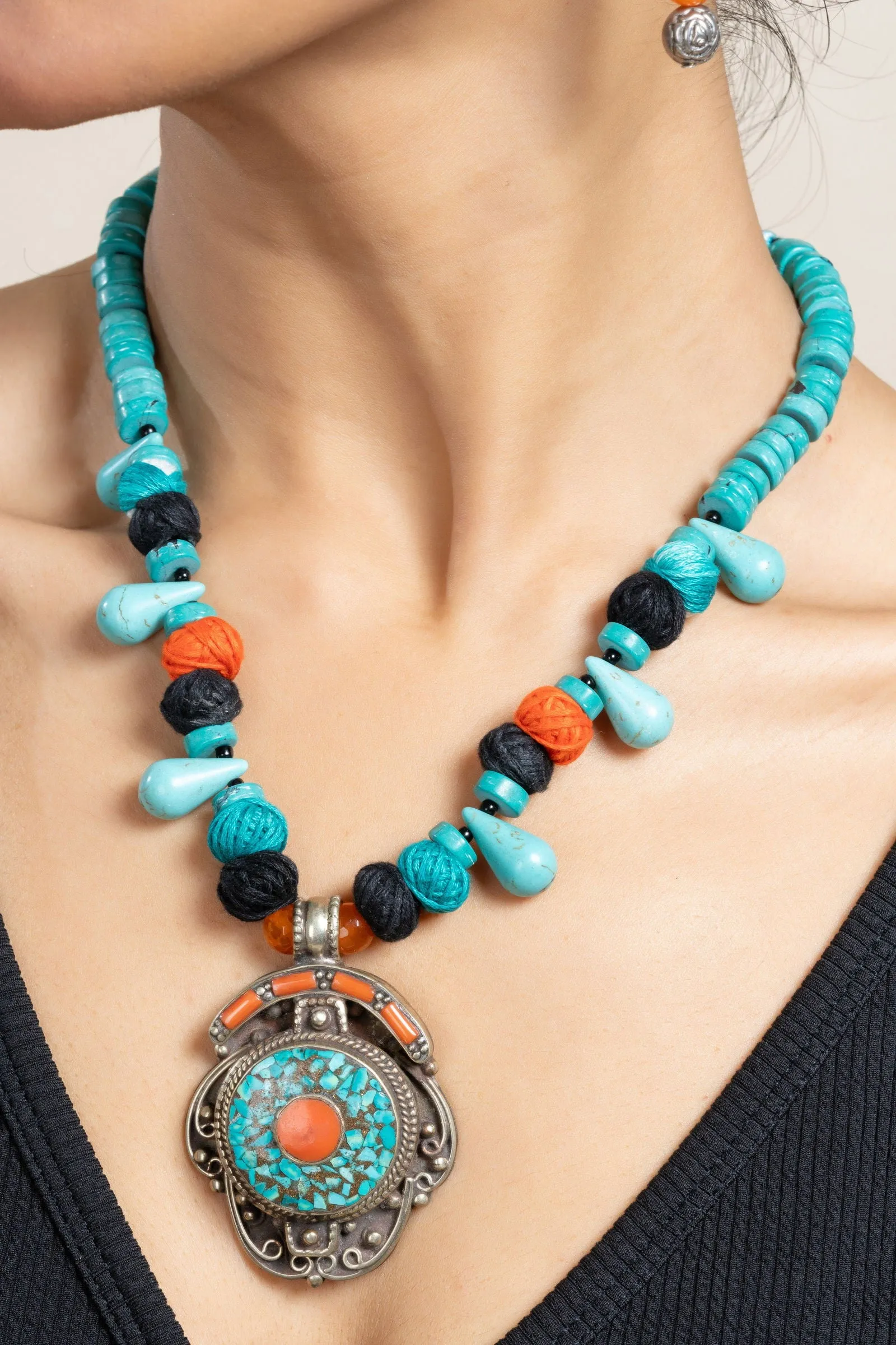 Handmade Turquoise Drop Blue Orange Tibetan Necklace with Matching Earrings Jewelry Set