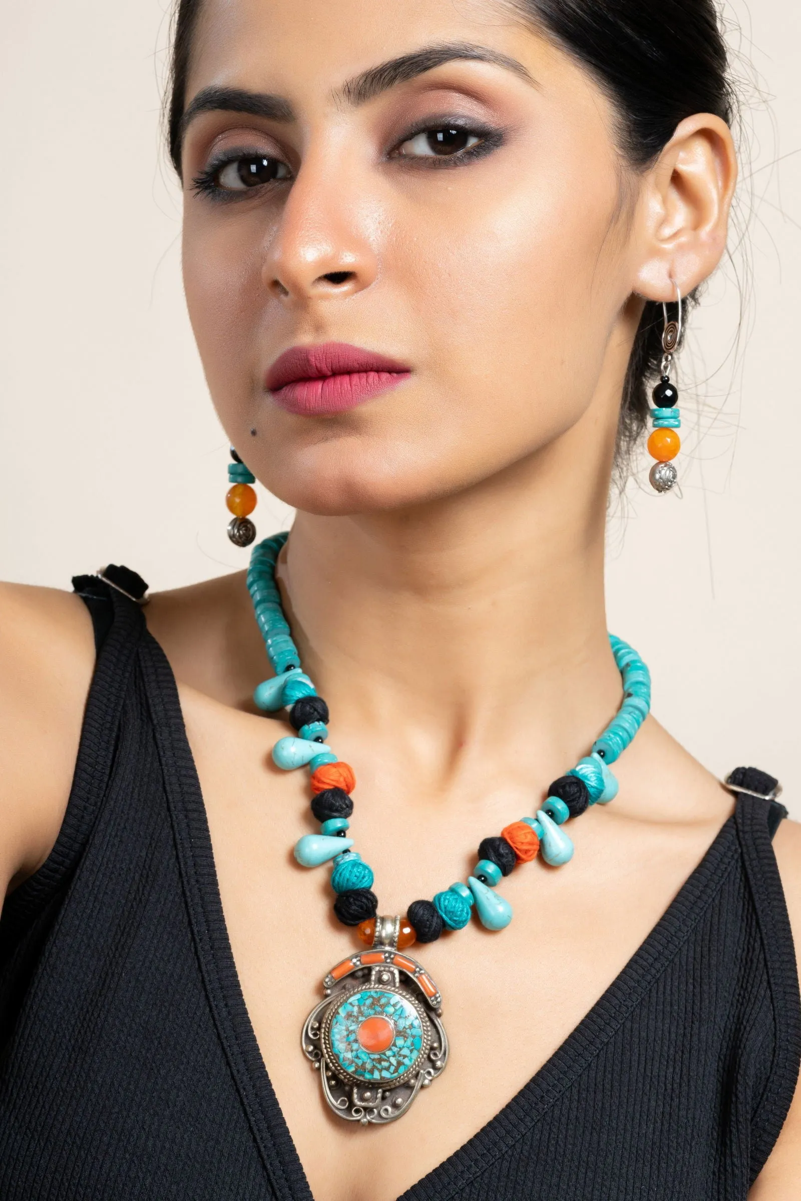 Handmade Turquoise Drop Blue Orange Tibetan Necklace with Matching Earrings Jewelry Set