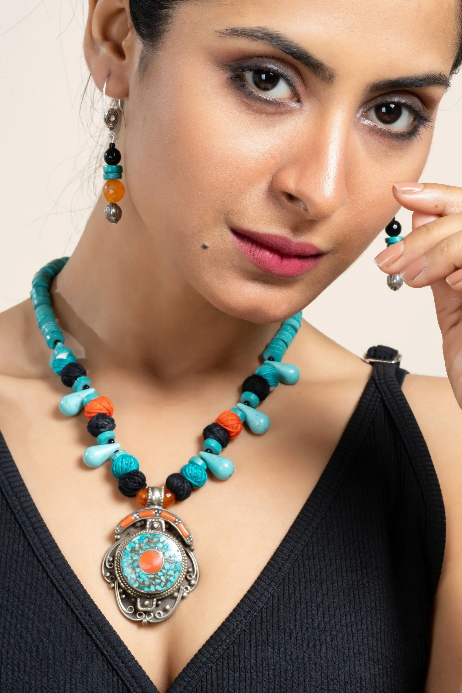 Handmade Turquoise Drop Blue Orange Tibetan Necklace with Matching Earrings Jewelry Set