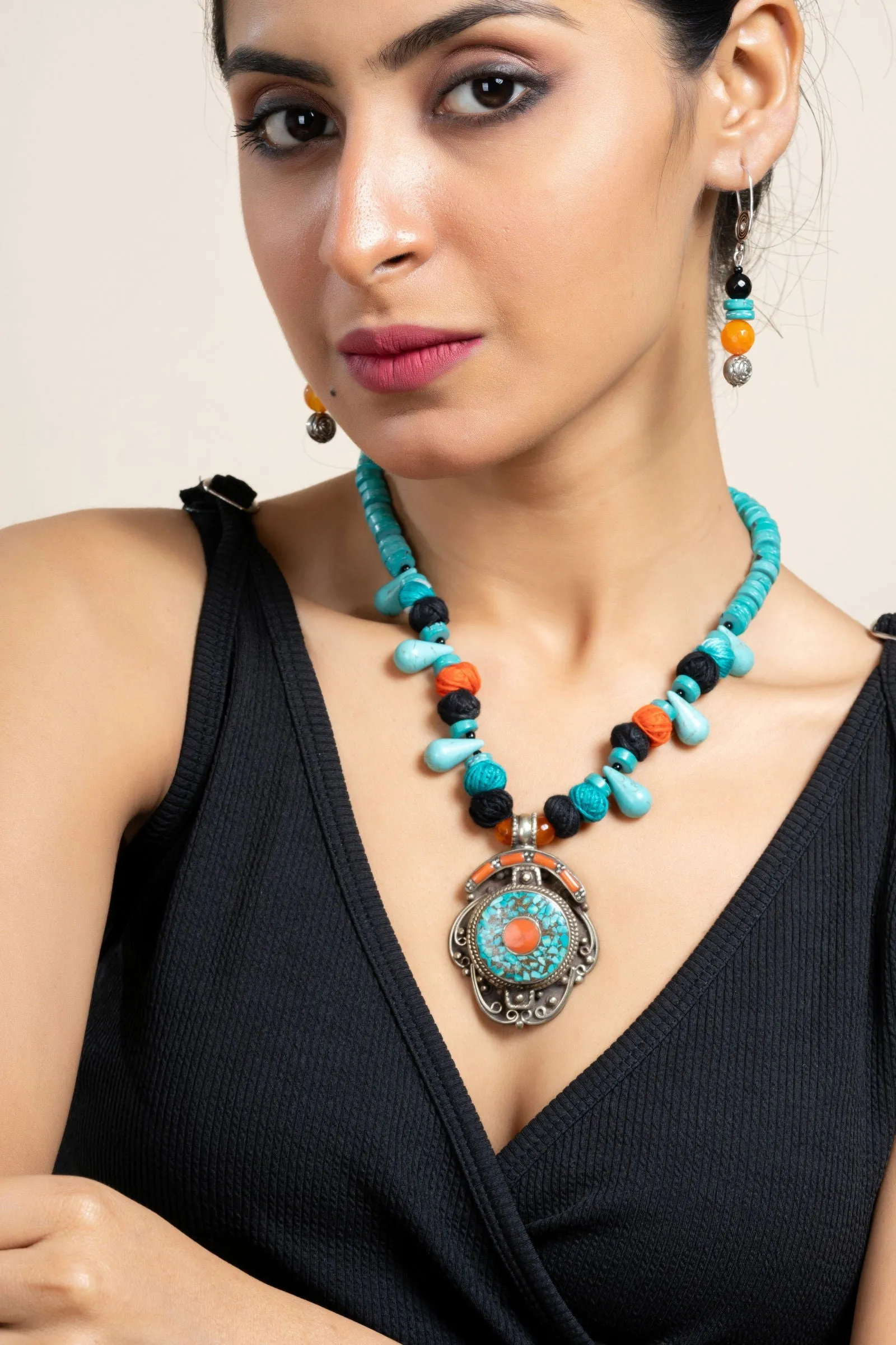 Handmade Turquoise Drop Blue Orange Tibetan Necklace with Matching Earrings Jewelry Set