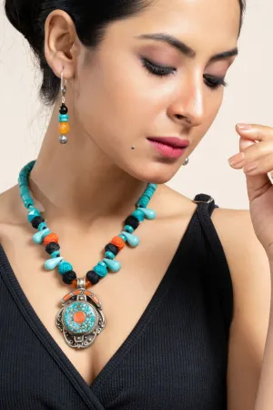 Handmade Turquoise Drop Blue Orange Tibetan Necklace with Matching Earrings Jewelry Set