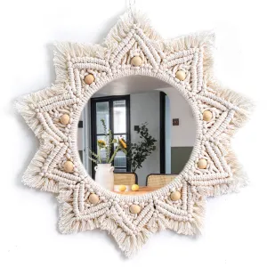 Isthir Round Cotton Macrame Mirror with Boho Fringe | Handcrafted Wall Hanging – Perfect for Boho Home Decor