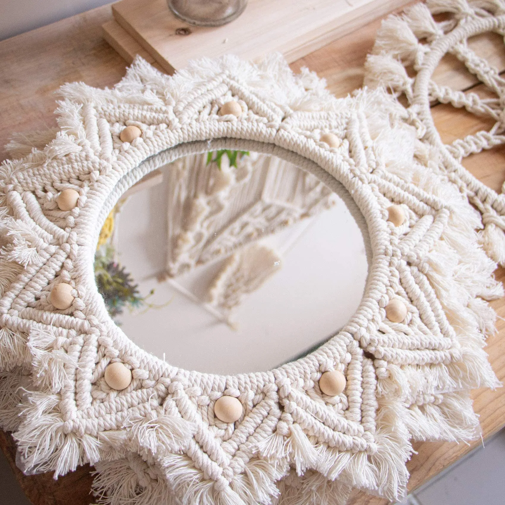 Isthir Round Cotton Macrame Mirror with Boho Fringe | Handcrafted Wall Hanging – Perfect for Boho Home Decor