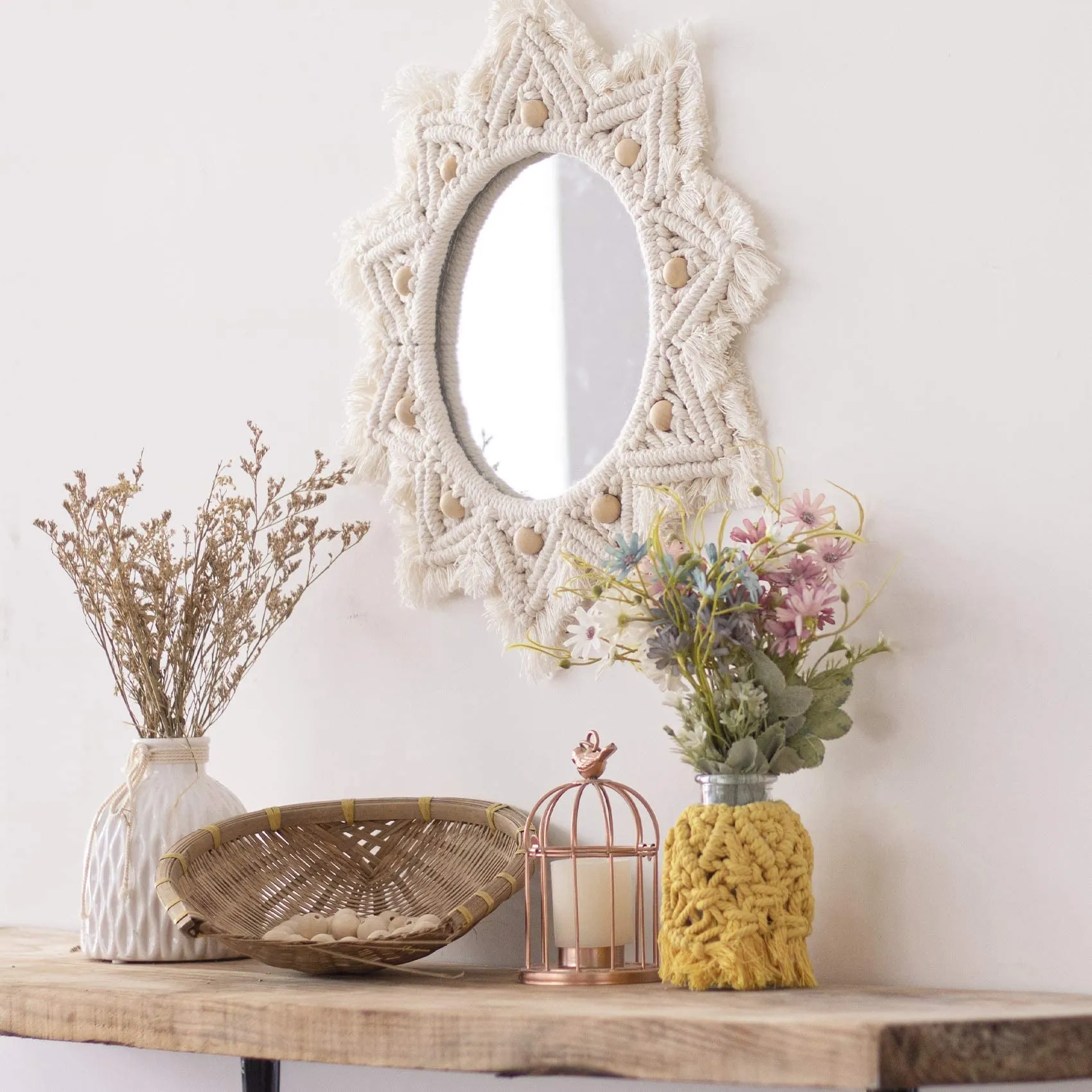 Isthir Round Cotton Macrame Mirror with Boho Fringe | Handcrafted Wall Hanging – Perfect for Boho Home Decor