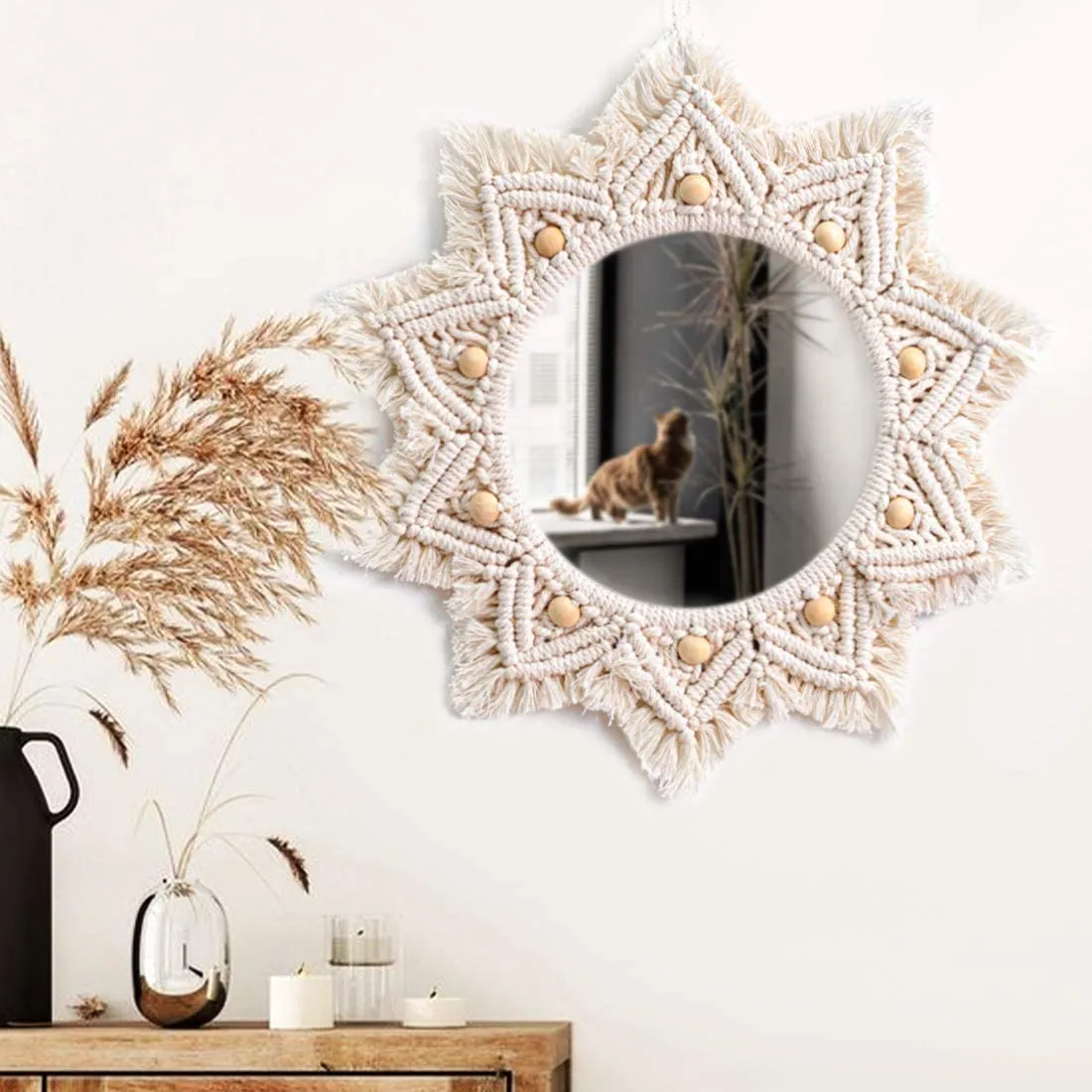 Isthir Round Cotton Macrame Mirror with Boho Fringe | Handcrafted Wall Hanging – Perfect for Boho Home Decor