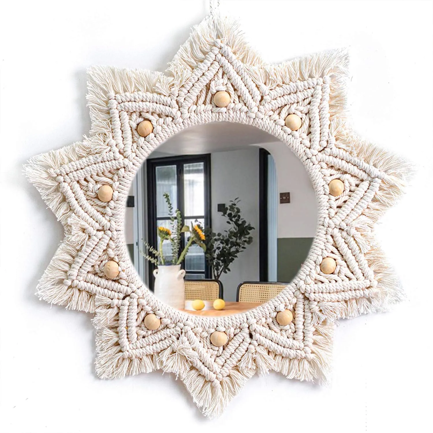 Isthir Round Cotton Macrame Mirror with Boho Fringe | Handcrafted Wall Hanging – Perfect for Boho Home Decor