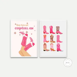 Keep Calm And Cowgirl On Set Of 2 PRINTABLE WALL ART, Light Pink Wall Art, Western Wall Art, Academia Aesthetic, Pink Boots, Cowgirl Poster