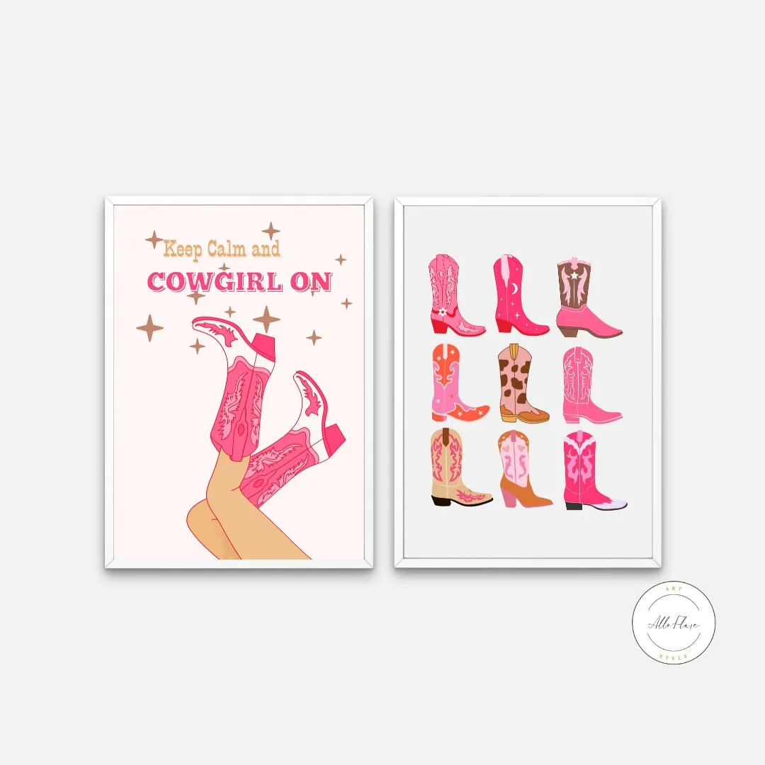 Keep Calm And Cowgirl On Set Of 2 PRINTABLE WALL ART, Light Pink Wall Art, Western Wall Art, Academia Aesthetic, Pink Boots, Cowgirl Poster