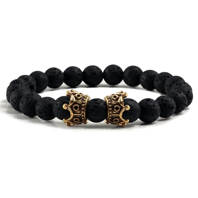 Men Black Lava Bracelet Natural Stone Bead Handmade Bracelets Bangle Women Gold Color Black Double Crown Bracelet Couple Jewelry