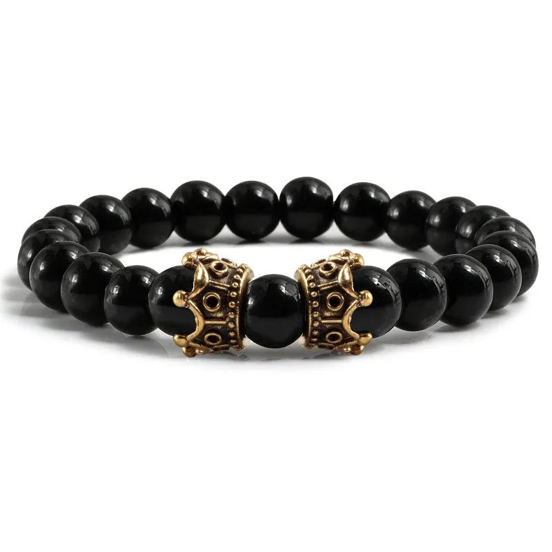 Men Black Lava Bracelet Natural Stone Bead Handmade Bracelets Bangle Women Gold Color Black Double Crown Bracelet Couple Jewelry