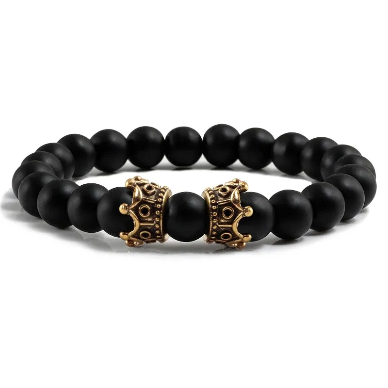 Men Black Lava Bracelet Natural Stone Bead Handmade Bracelets Bangle Women Gold Color Black Double Crown Bracelet Couple Jewelry