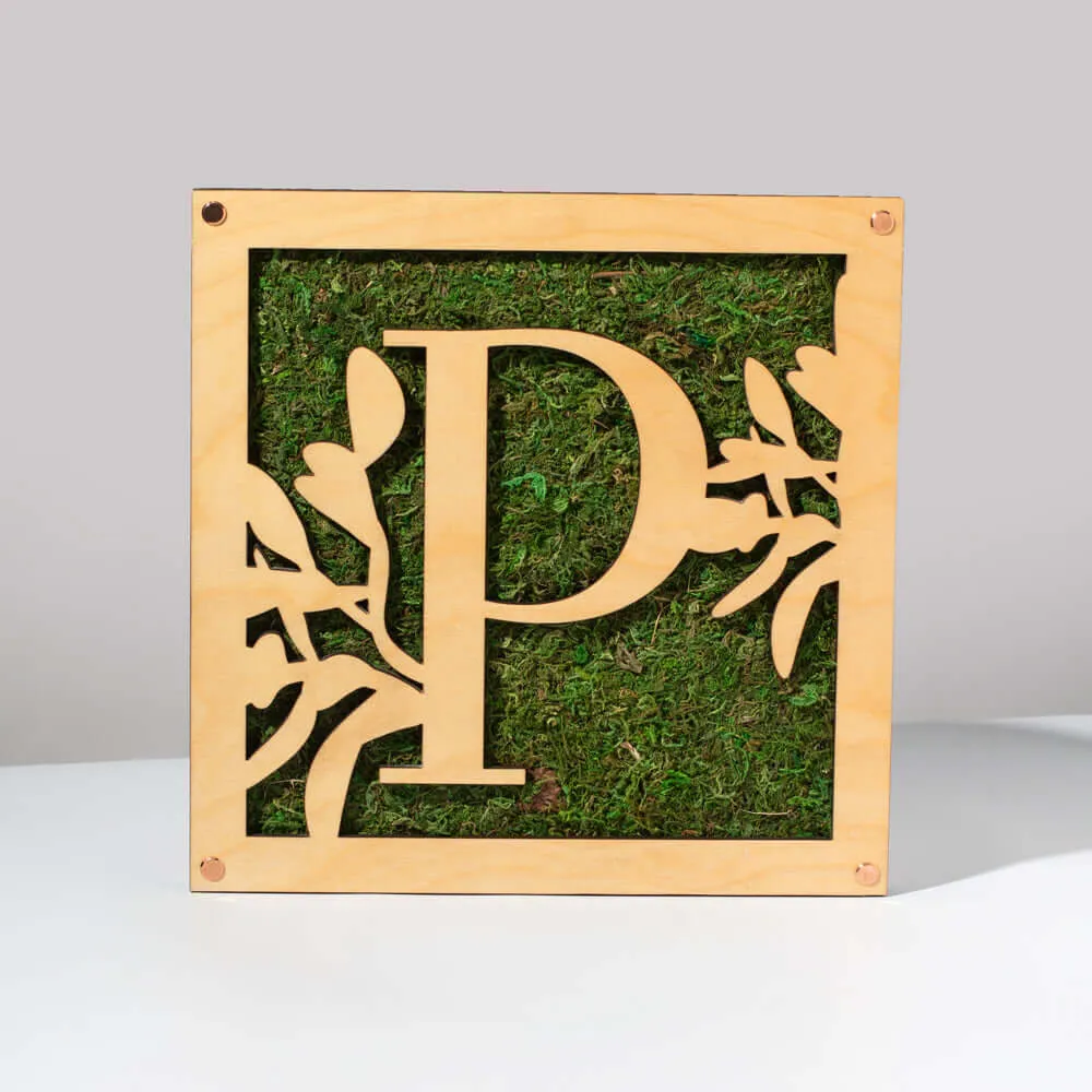 Monogrammed Moss Frame - Wooden Botanical Wall Art Letter "P"