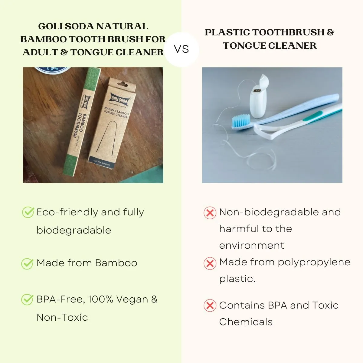 Natural Bamboo Toothbrush with Soft Plant Bristles & Bamboo Tongue Cleaner- Combo Pack