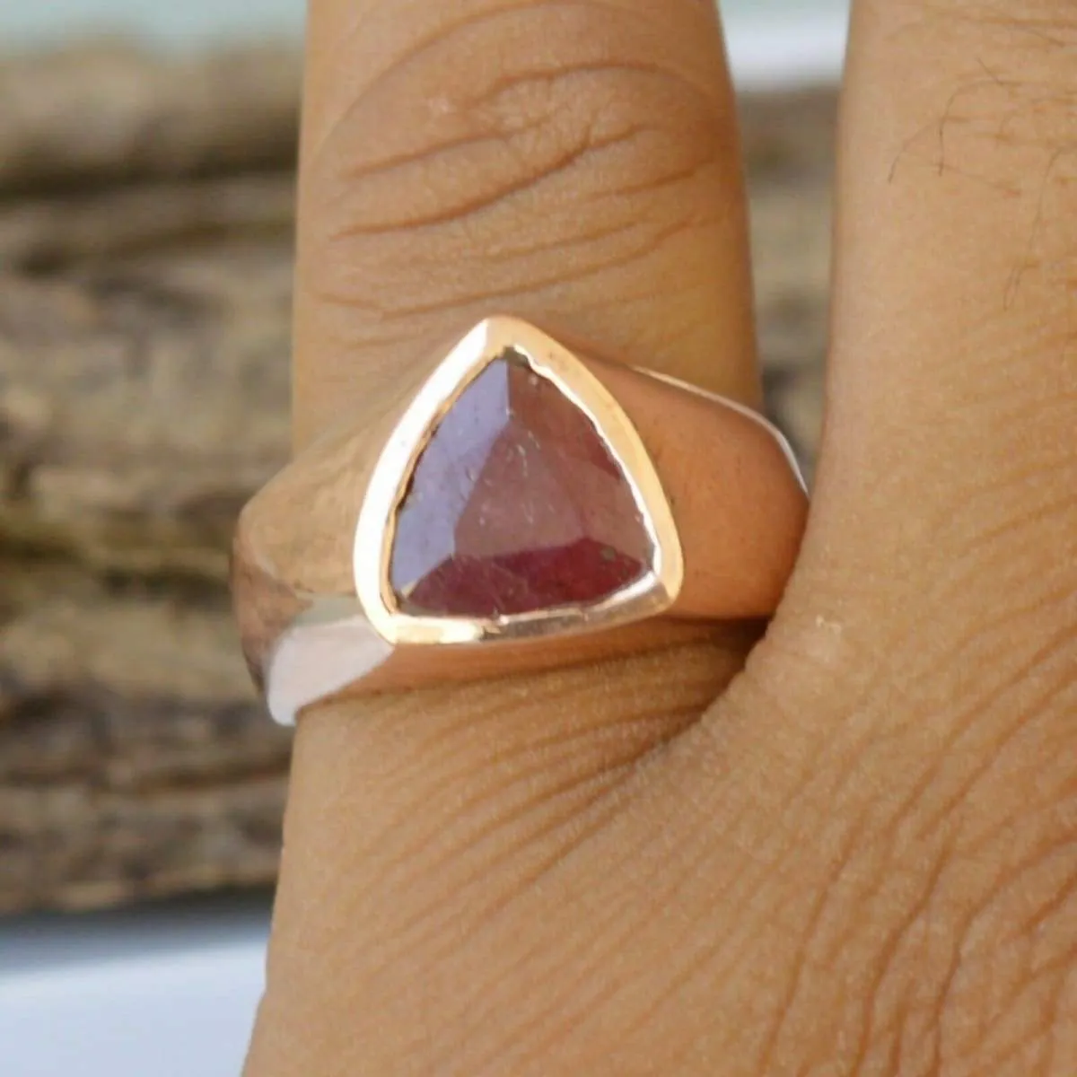 Natural Trillion Red Ruby Gemstone Sterling Silver Rose Gold Filled Nickel Free Ring, Handmade Jewelry, July Birthstone