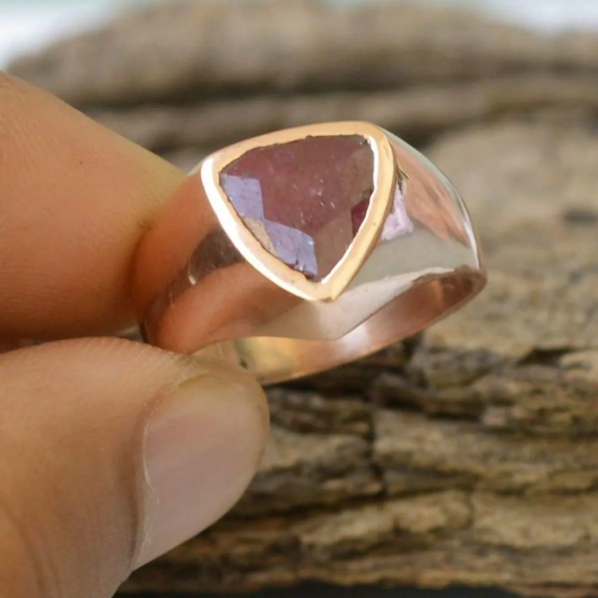 Natural Trillion Red Ruby Gemstone Sterling Silver Rose Gold Filled Nickel Free Ring, Handmade Jewelry, July Birthstone