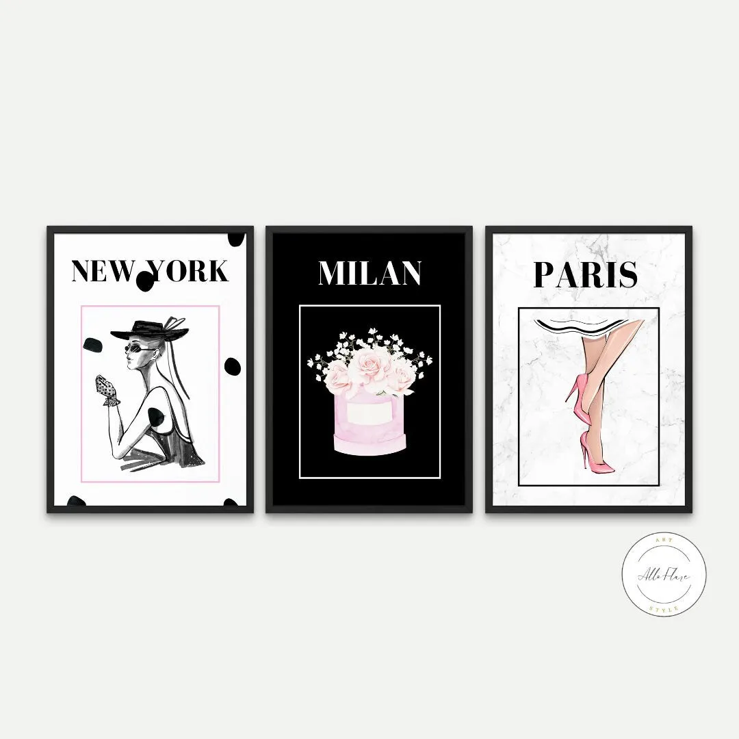 Paris New York Milan Fashion Wall Art Set Of 3 PRINTABLE ART, Luxury Fashion, Milan Paris Wall Art, Designer Posters, Glam Wall Art