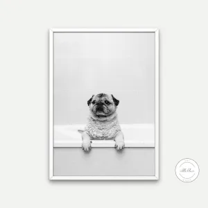 Pug In Bathtub Black And White Print PRINTABLE WALL ART, Pets In Bathtub, Bathroom Art Print, Black & White Glam Decor, Dog Gift, Pug Wall Art