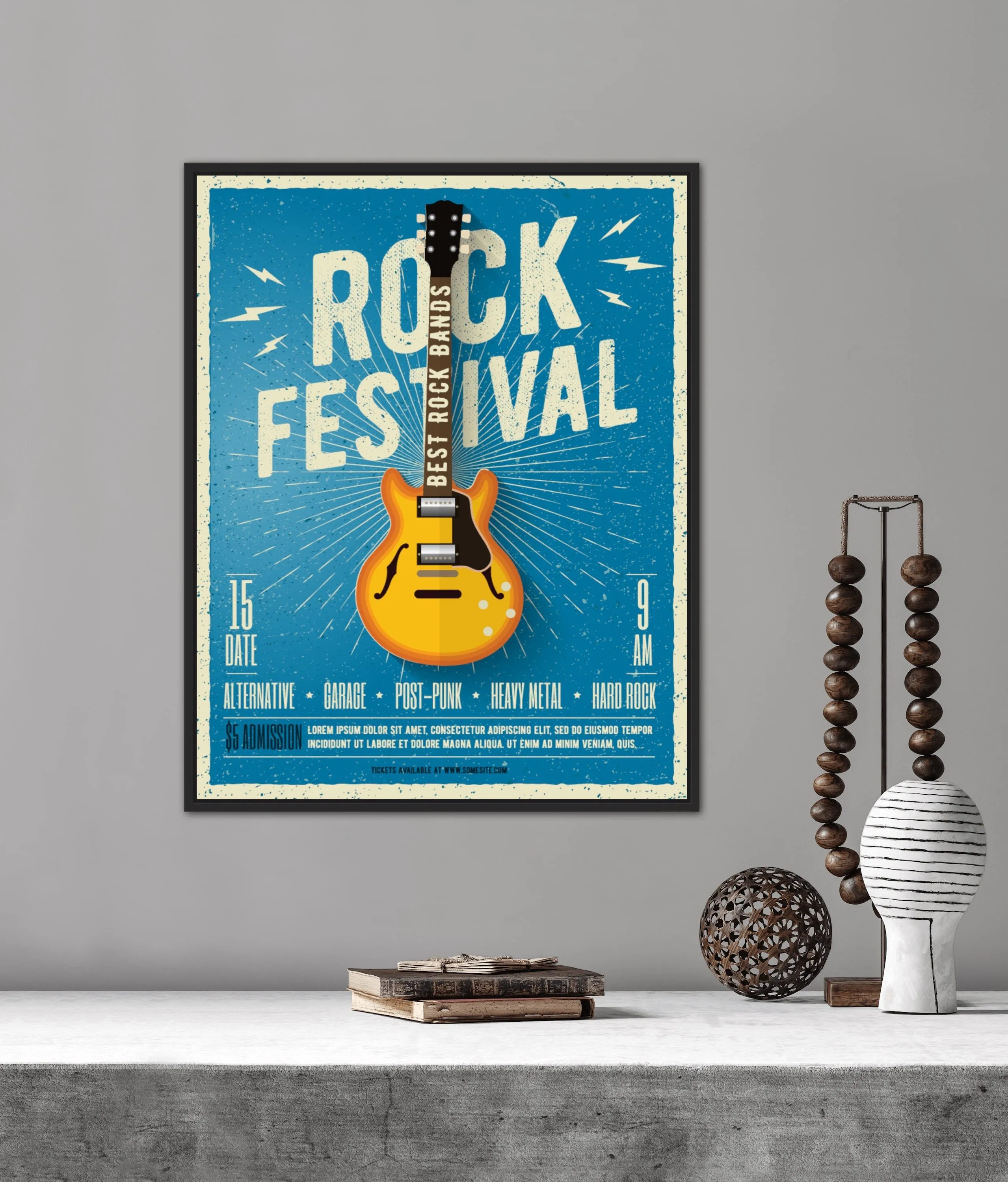 Rock Festival Poster INSTANT DOWNLOAD Art Print, Guitar Gifts, Indie Room Décor, Concert Poster, Blue Yellow Wall Decor, Rock And Roll Wall Art