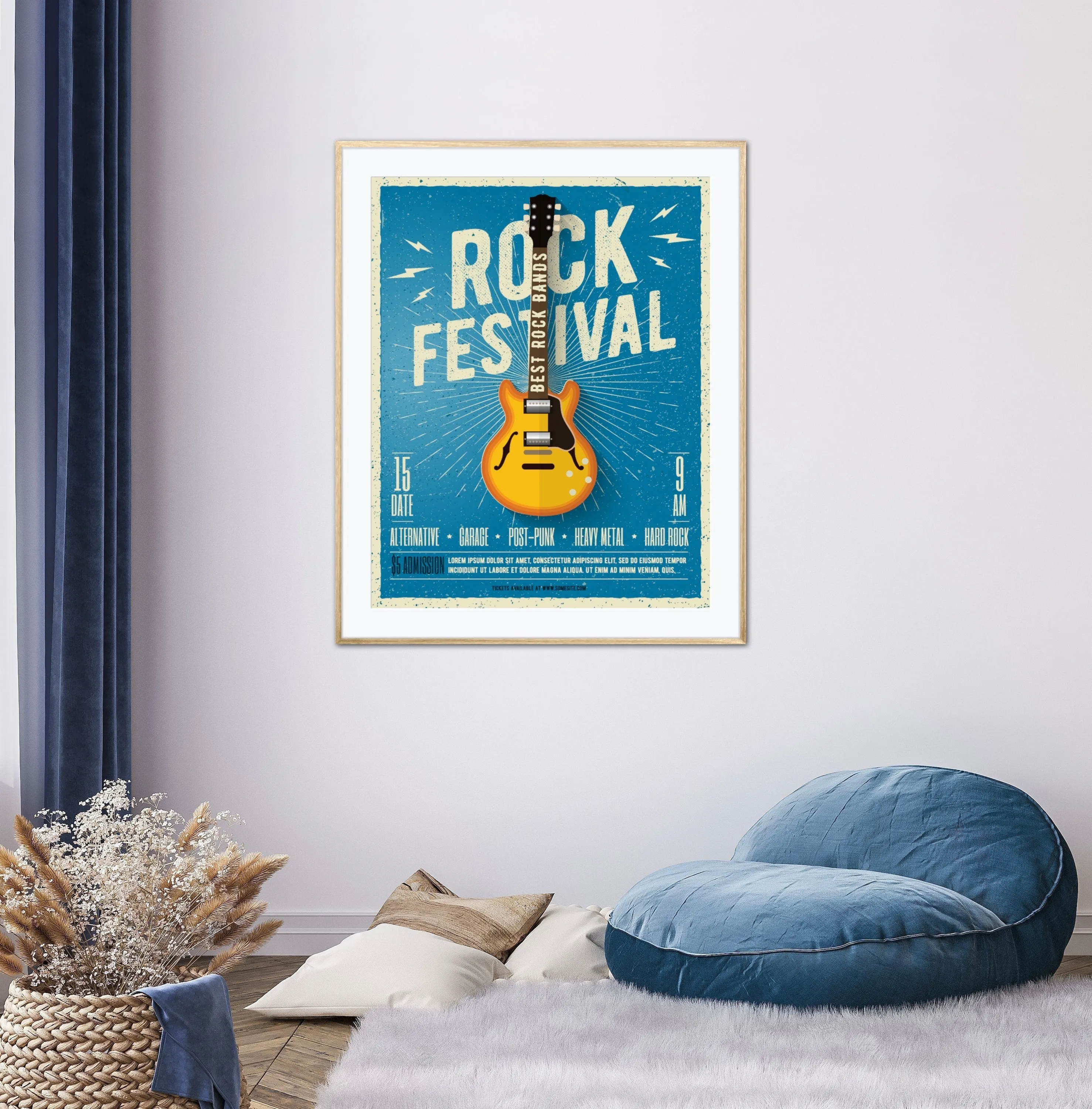 Rock Festival Poster INSTANT DOWNLOAD Art Print, Guitar Gifts, Indie Room Décor, Concert Poster, Blue Yellow Wall Decor, Rock And Roll Wall Art