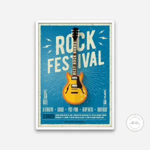 Rock Festival Poster INSTANT DOWNLOAD Art Print, Guitar Gifts, Indie Room Décor, Concert Poster, Blue Yellow Wall Decor, Rock And Roll Wall Art