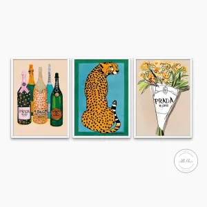 Set Of 3 Fashion Illustration Posters PRINTABLE WALL ART, Designer Preppy Wall Art, Tiger Champagne Bottles Flower Bouquet Colorful