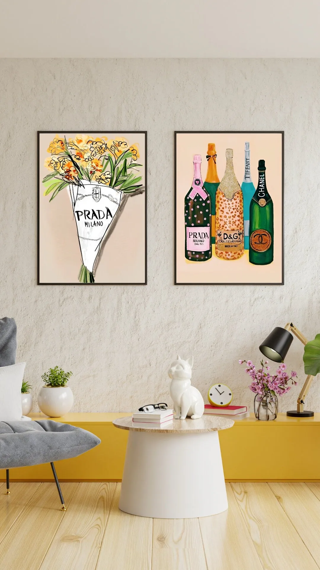 Set Of 3 Fashion Illustration Posters PRINTABLE WALL ART, Designer Preppy Wall Art, Tiger Champagne Bottles Flower Bouquet Colorful