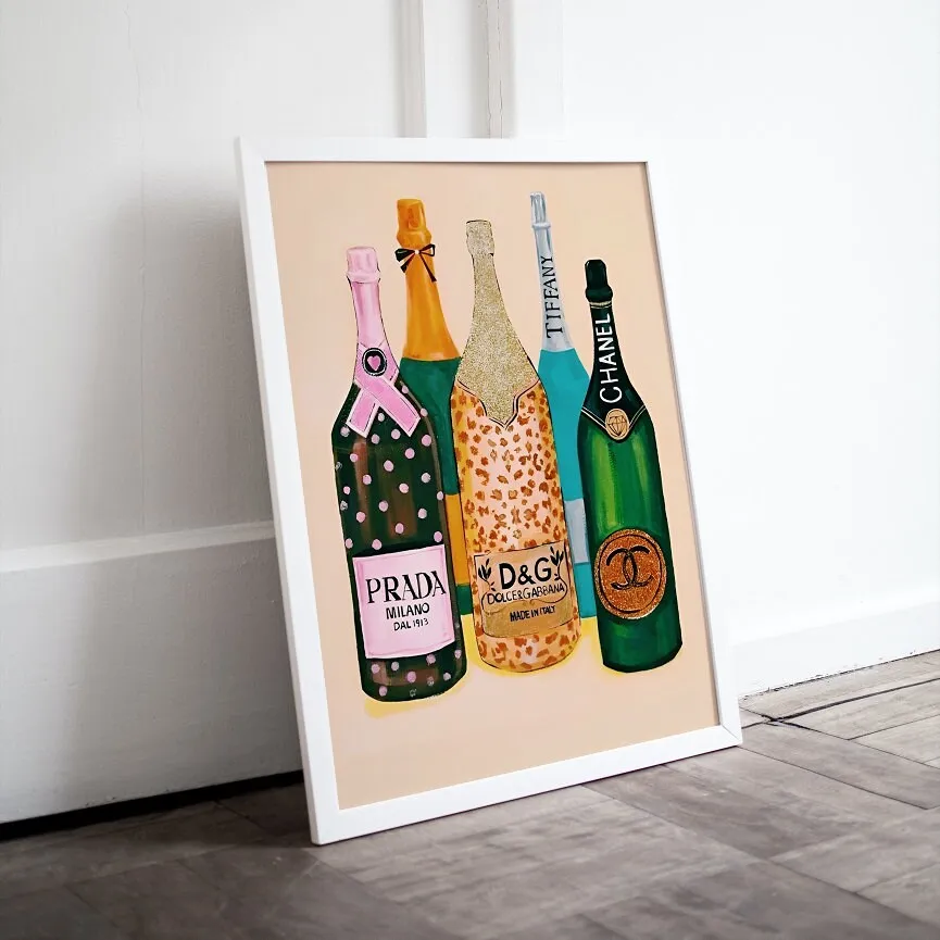 Set Of 3 Fashion Illustration Posters PRINTABLE WALL ART, Designer Preppy Wall Art, Tiger Champagne Bottles Flower Bouquet Colorful