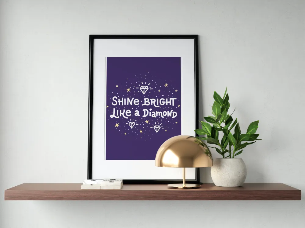 Shine Bright Like a Diamond Illustration Poster PRINTABLE ART, Glam Decor, Fashion Wall Art, Diamond Wall Art, Dark Blue Inspirational Poster