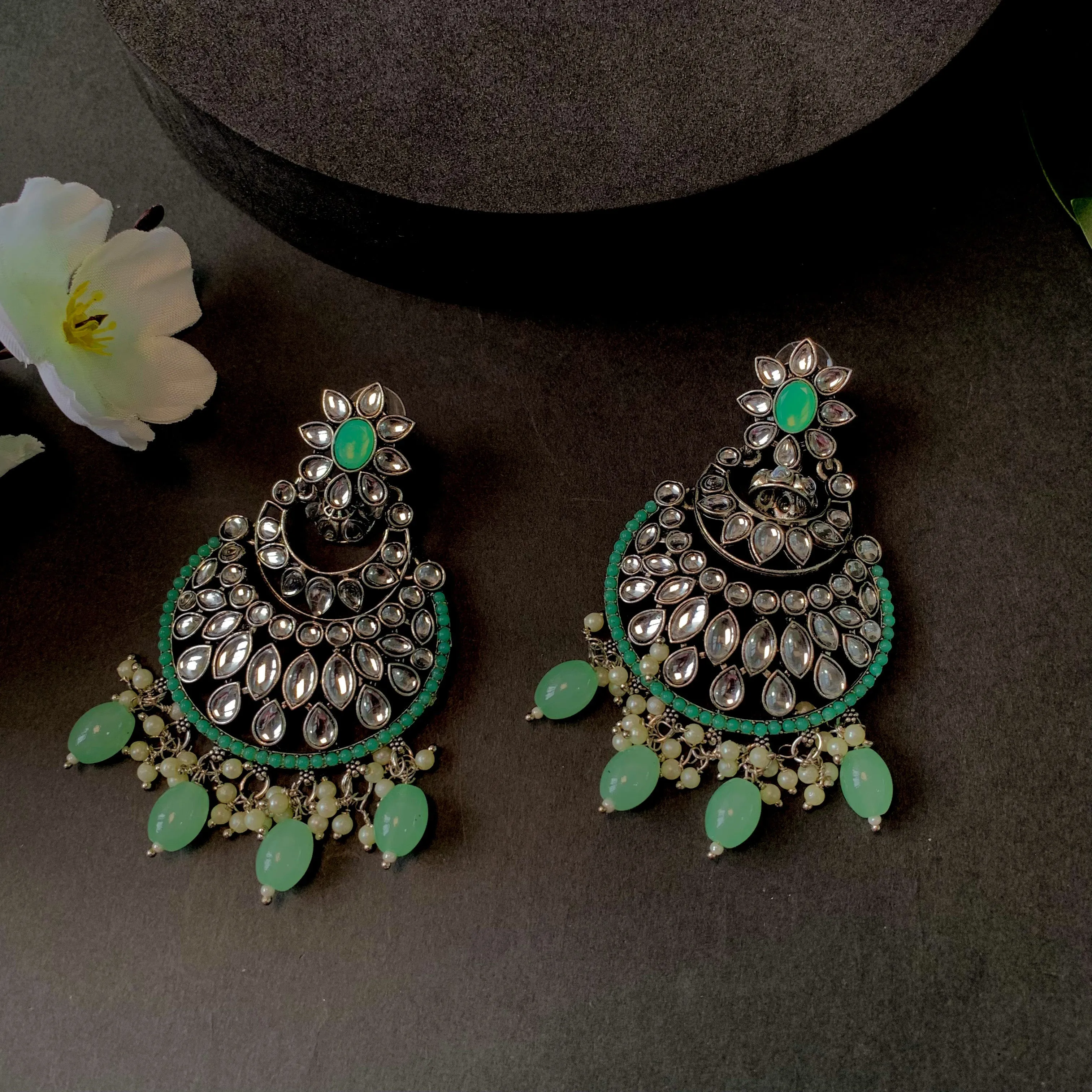 Silver Plated Traditional Handcrafted Pearl Kundan Beaded Chandbali Earrings for Women/Girls