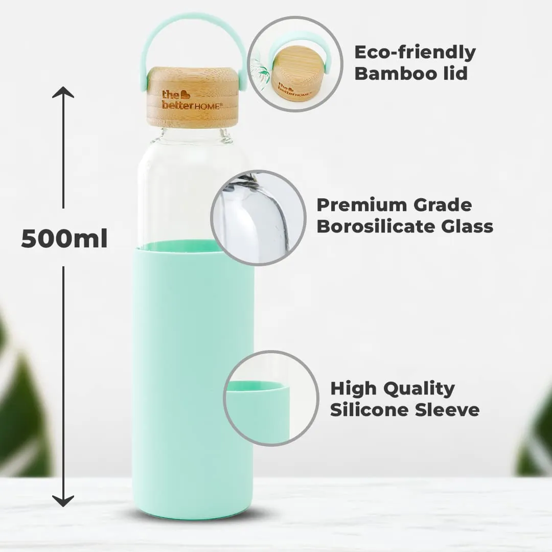 The Better Home Borosilicate Glass Water Bottle with Sleeve (500ml) | Non Slip Silicon Sleeve & Bamboo Lid | Fridge Water Bottles for Men, Women & Kids | Water Bottles for Fridge | Green (Pack of 10)