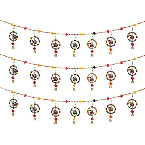 Urbane Home Rajasthani Traditional Ring Windchimes With Bells|Hanging Elephant Bandarwal|Door Hanging Latkan (Multicolor)