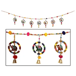 Urbane Home Rajasthani Traditional Ring Windchimes With Bells|Hanging Elephant Bandarwal|Door Hanging Latkan (Multicolor)