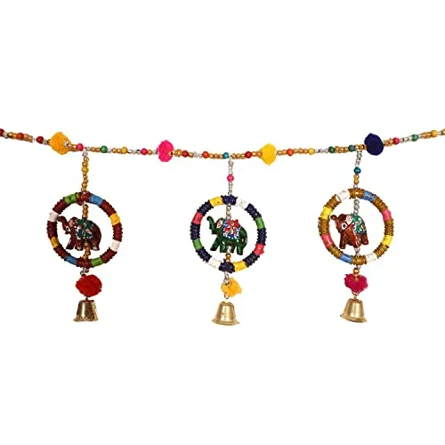 Urbane Home Rajasthani Traditional Ring Windchimes With Bells|Hanging Elephant Bandarwal|Door Hanging Latkan (Multicolor)